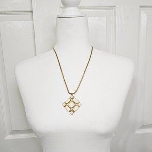 Vintage 70's/80's Gold/White Marbke Art Deco Geometric Enameled Necklace